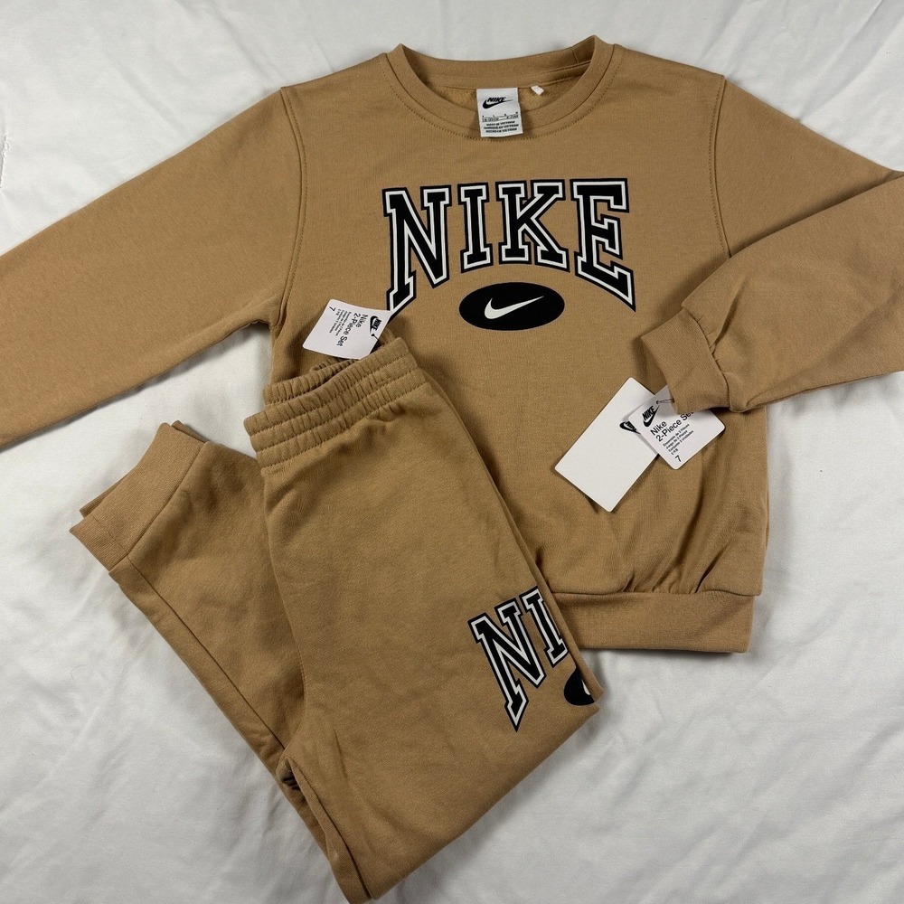 Nike Kids Boys Fleece Set 7 Hemp Tan Crew Sweatshirt Pants‎ NWT 86M887-X0L